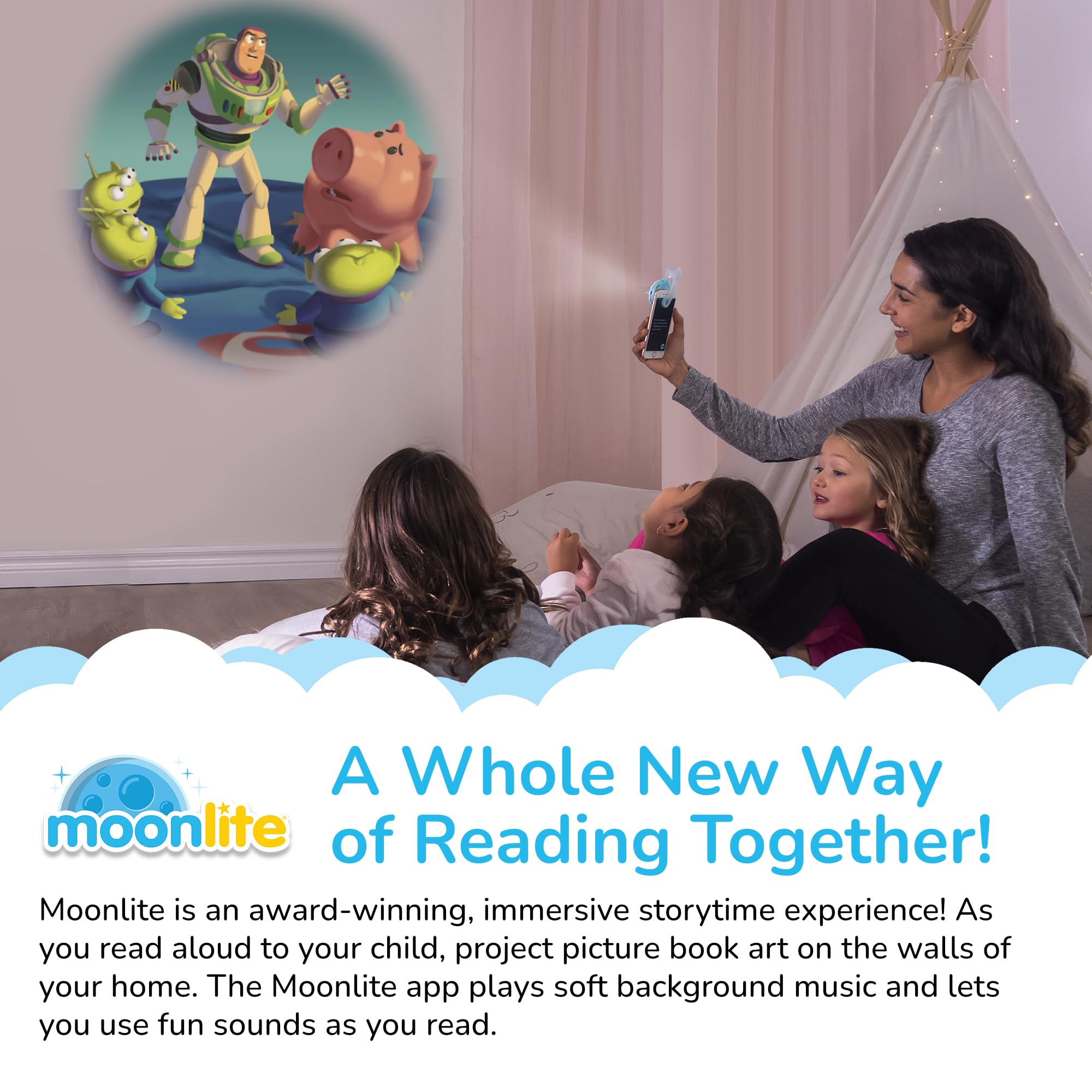 Moonlite Storytime smartphone clip keeps the projector steady during storytime.