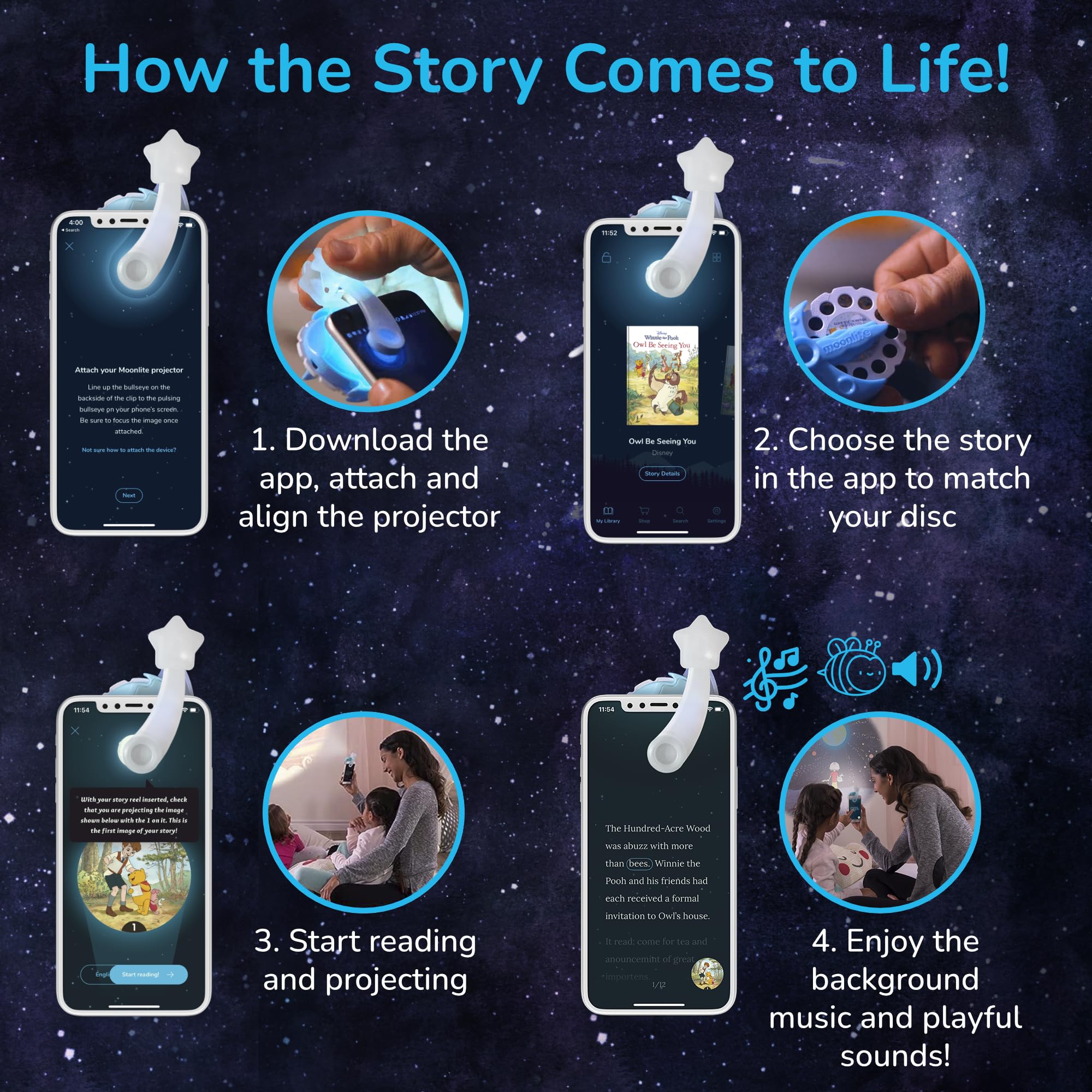 Moonlite Storytime Starter Pack adhesive collar setup enables quick, secure placement.