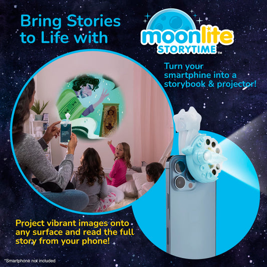 Moonlite Storytime Starter Pack shows the projector with disc and packaging for quick setup
