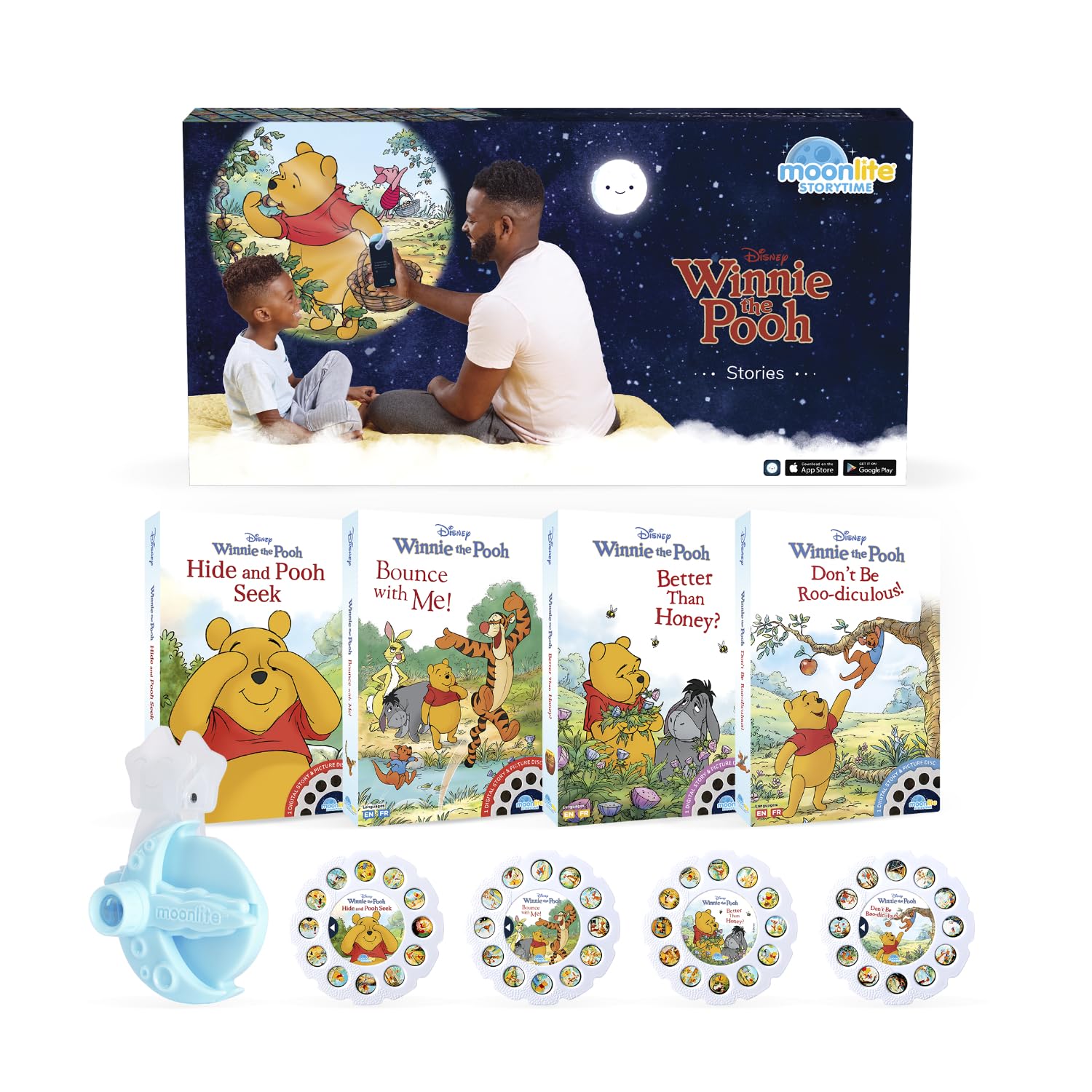 Moonlite Storytime Starter Pack projector on wall, bringing vivid stories to life at bedtime.