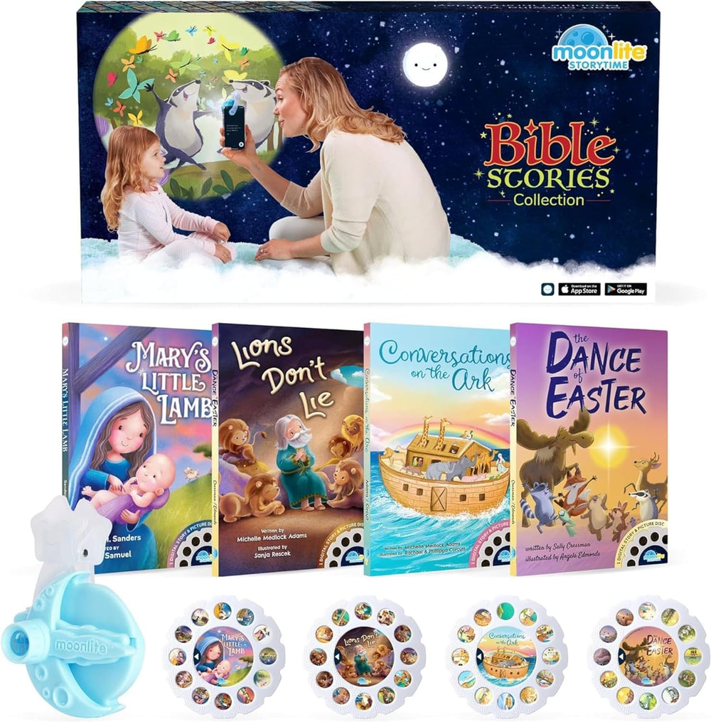 Moonlite Storytime Starter Pack projector on wall enhances bedtime storytelling for calming evenings.