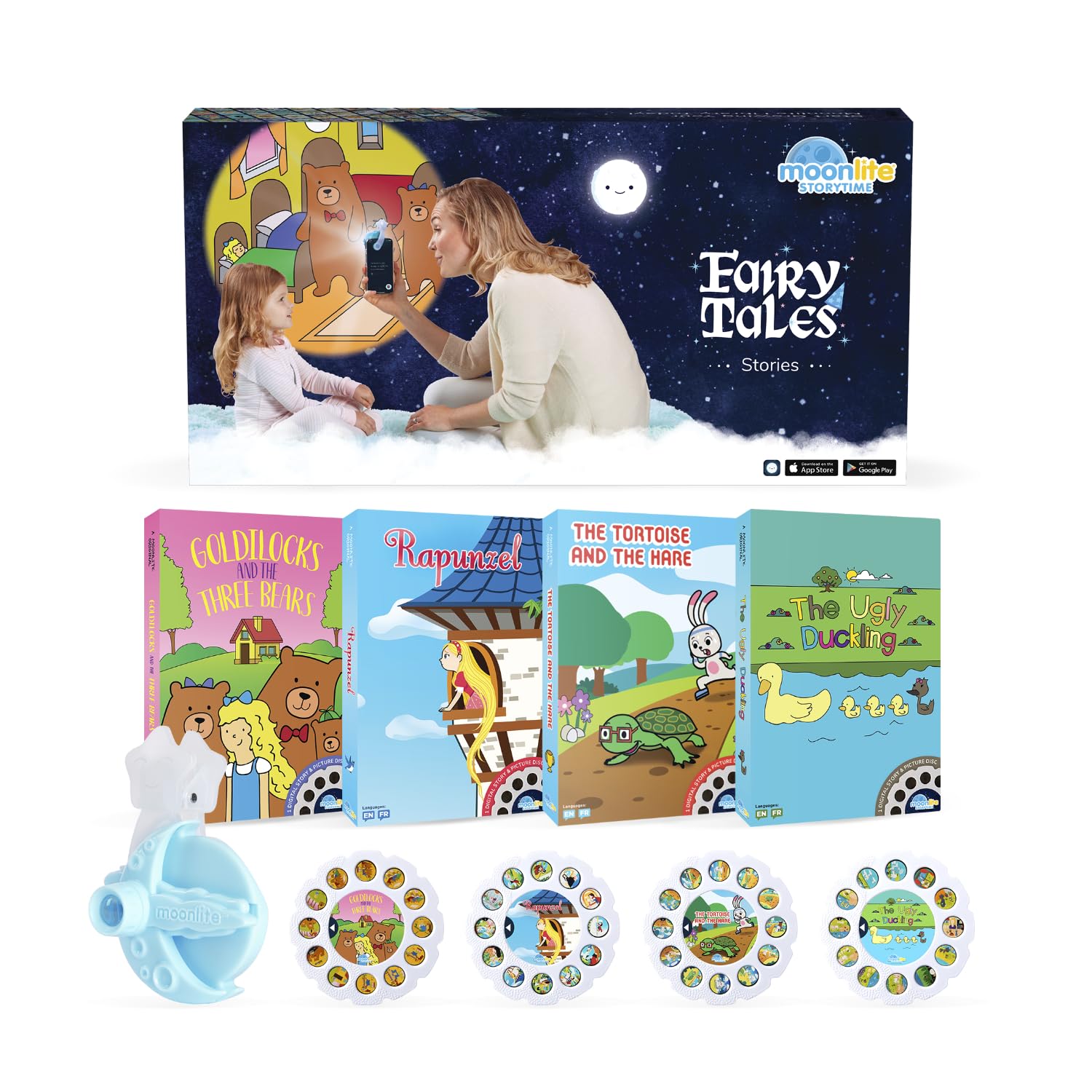 Moonlite Storytime Starter Pack projector on wall showing vivid bedtime imagery.