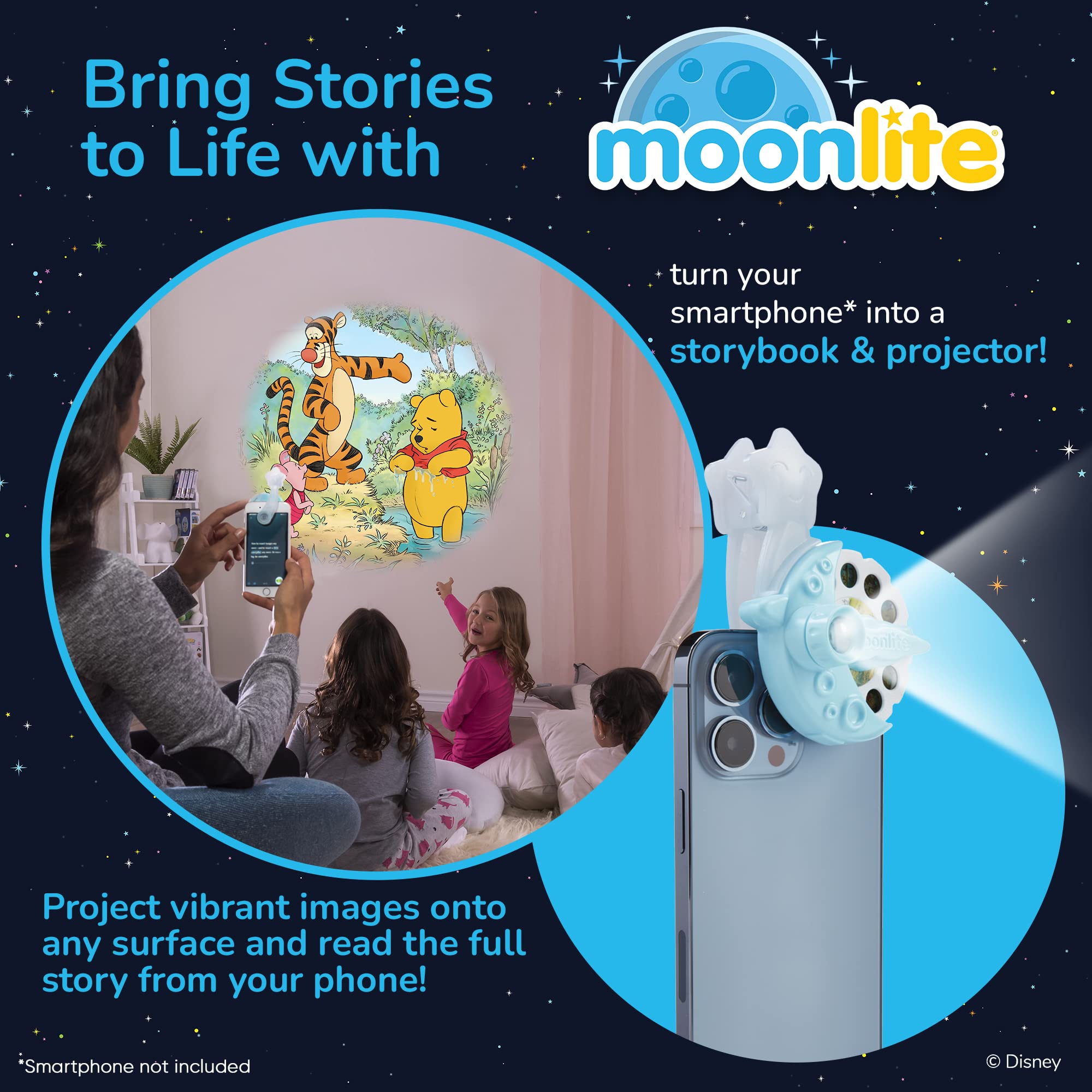 Moonlite Storytime Starter Pack setup adhesive adapter collar enables easy, secure projection.