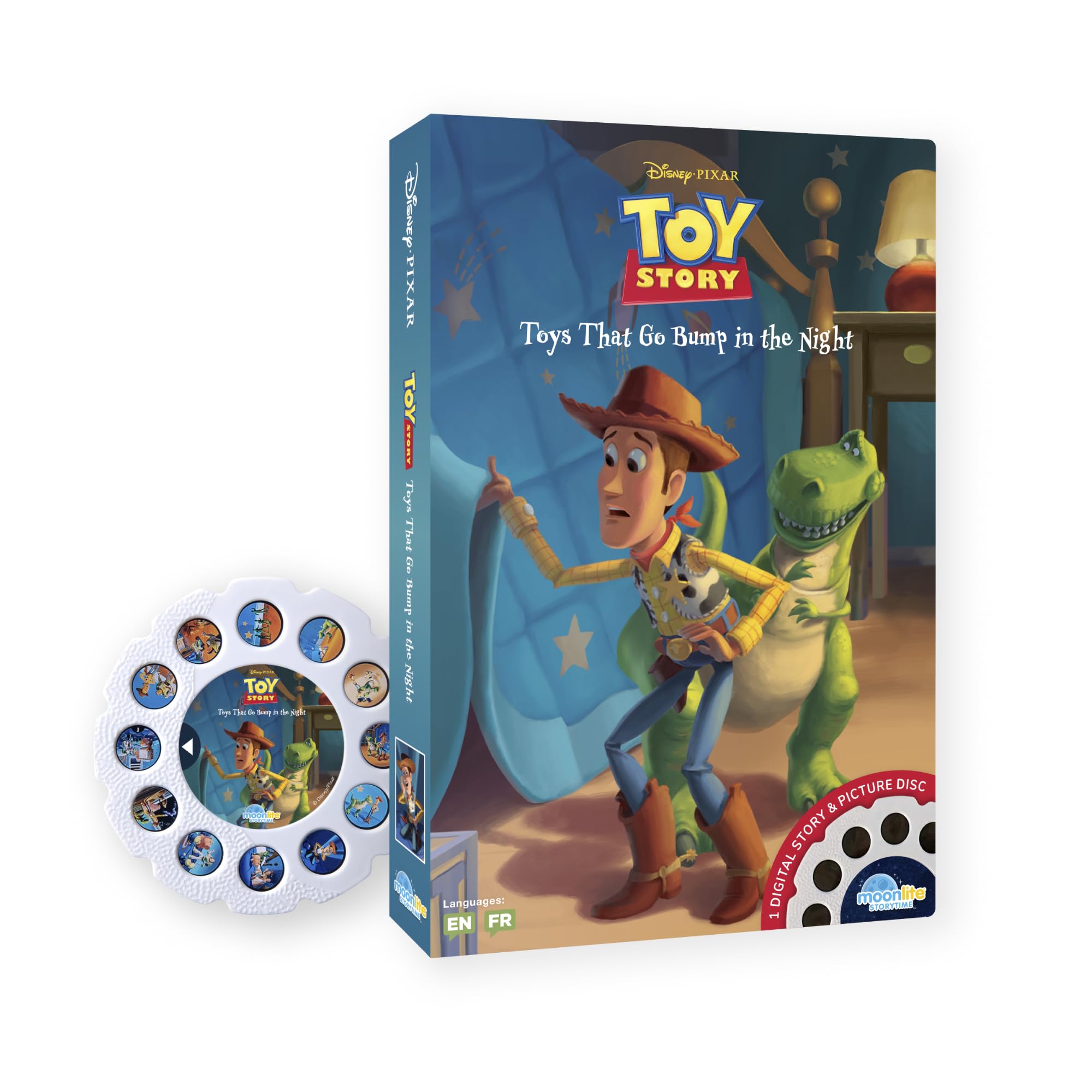 Moonlite Storytime projection of Toy Story on wall for bedtime bonding.