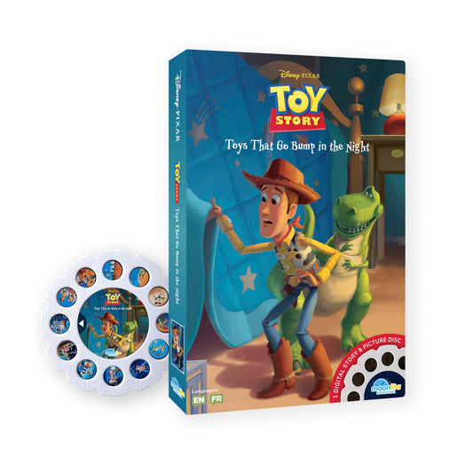 Moonlite Storytime projection of Toy Story on wall for bedtime bonding.