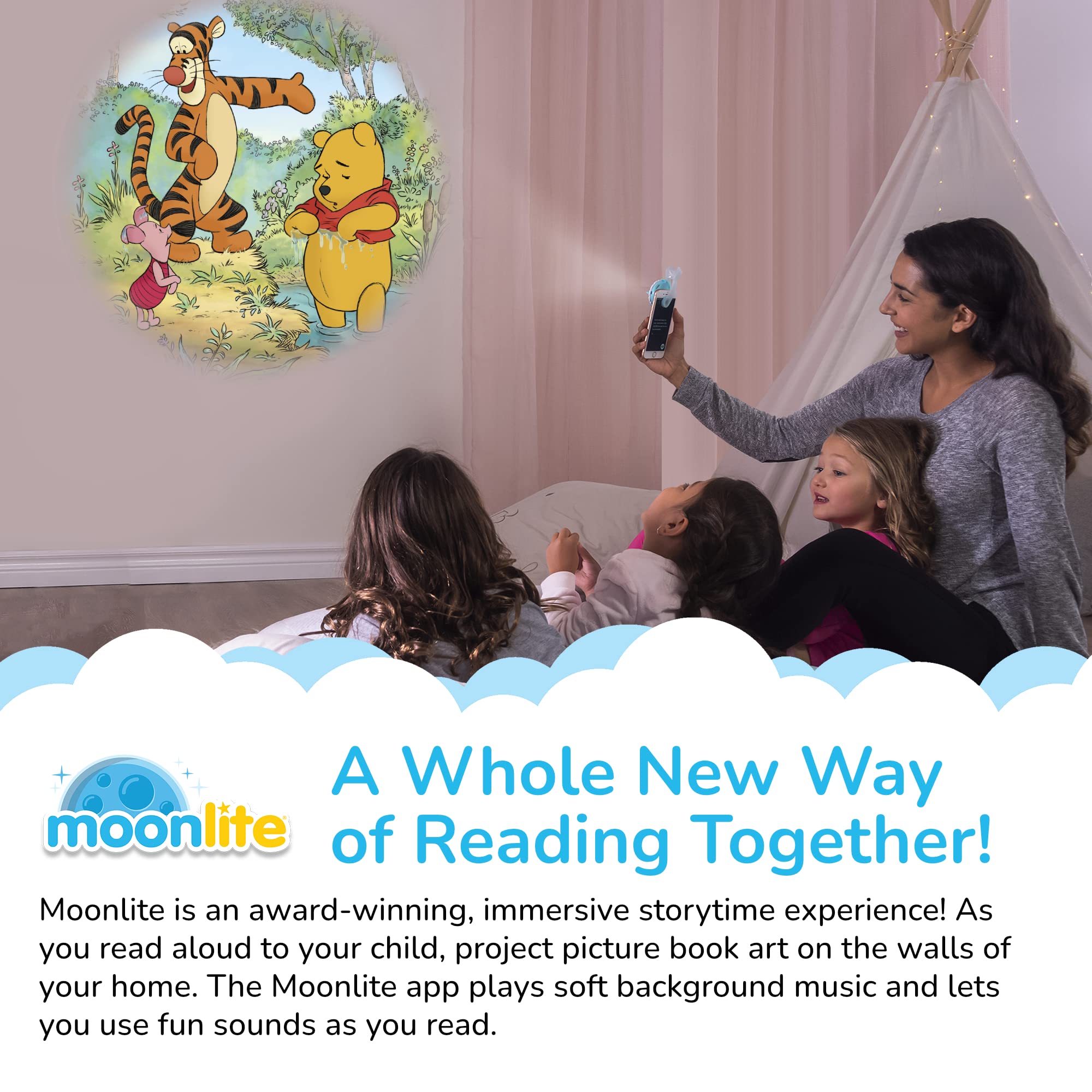 Moonlite Storytime wall-ceiling projection of Pooh sparks magical, screen-free storytelling.