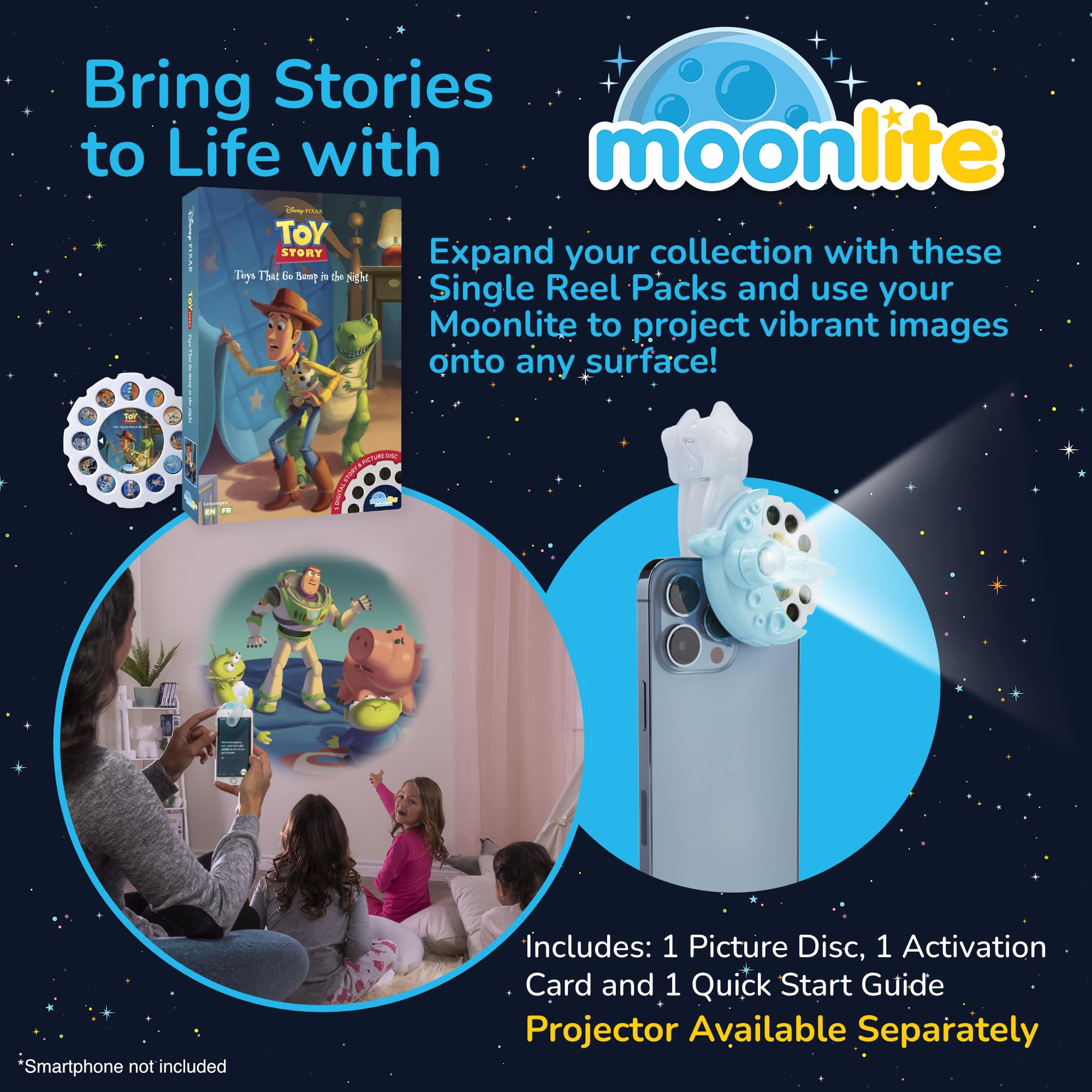 Moonlite Storytime wall projection shows colorful Toy Story imagery for shared reading.