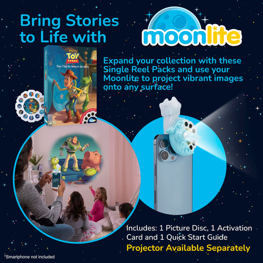 Moonlite Storytime wall projection shows colorful Toy Story imagery for shared reading.