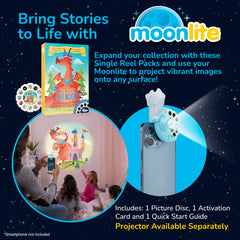 Moonlite Storytime projector close-up with dragon reel for magical storytelling.