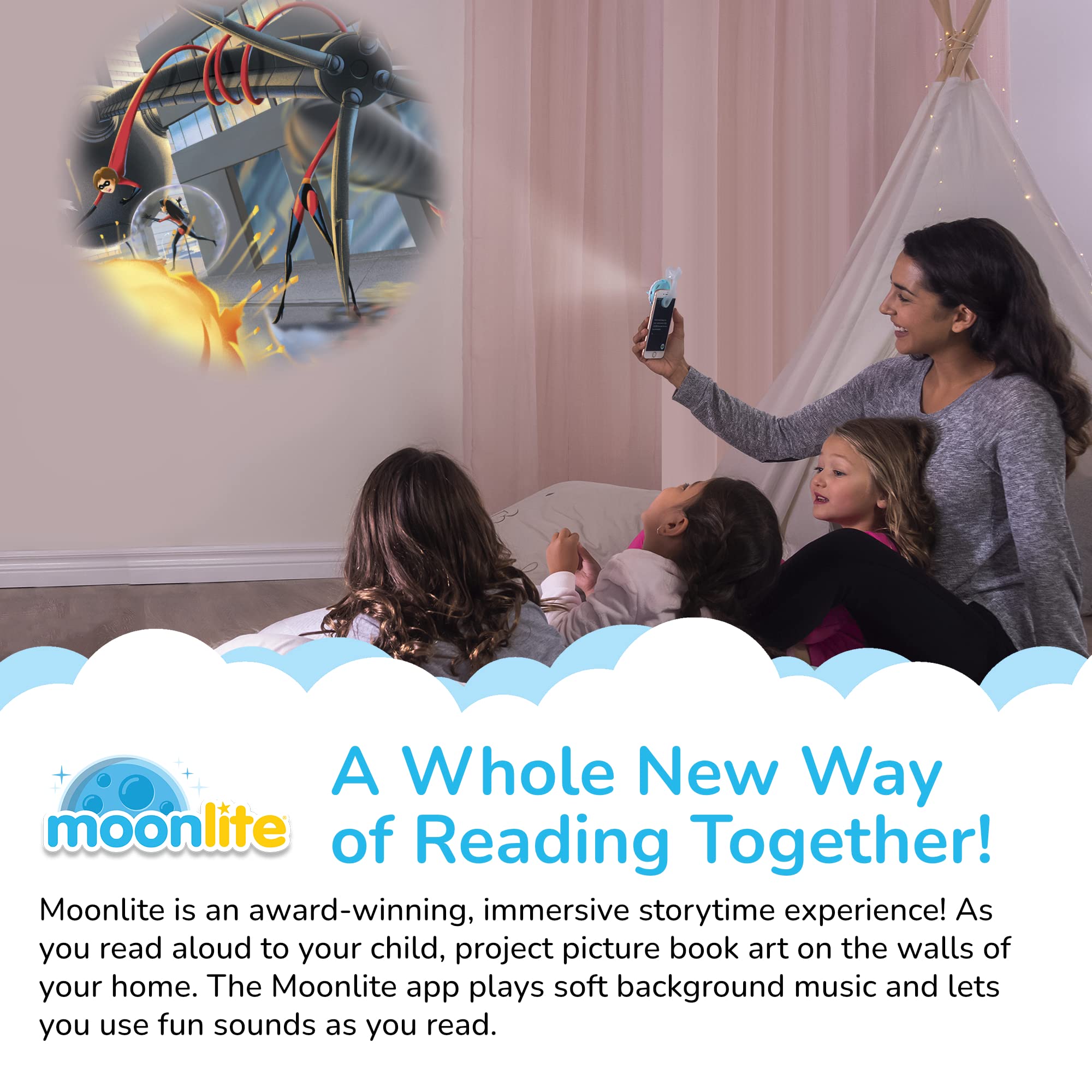 Moonlite Storytime wall projection showcases vivid images to spark imagination.