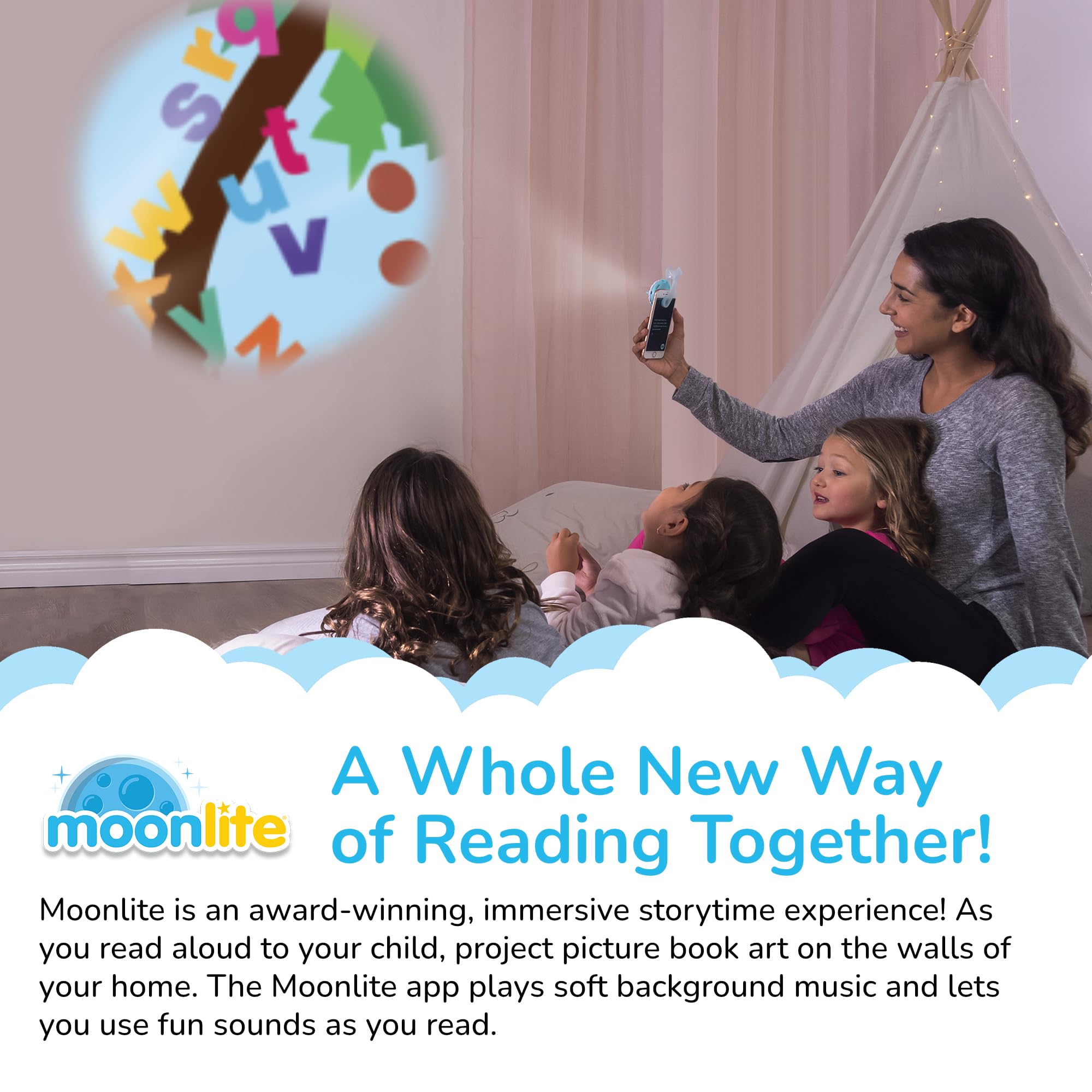 Moonlite Storytime 3 reel chicka chicka boom boom on wall brightens storytime.