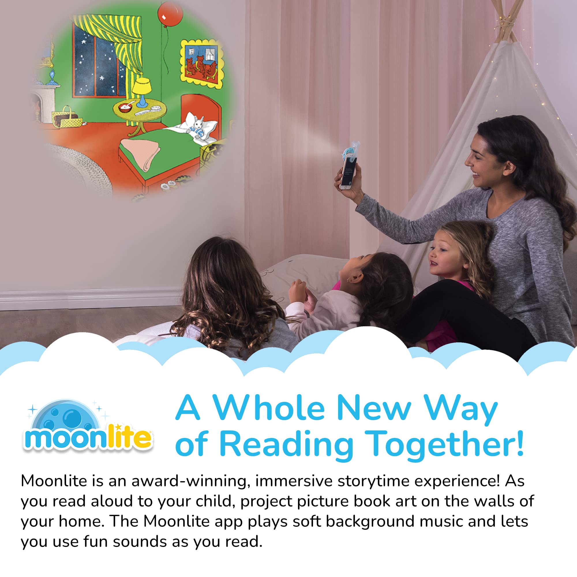 Moonlite vibrant illustrations projected to engage toddlers during shared story time.