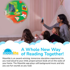Moonlite vibrant illustrations projected to engage toddlers during shared story time.