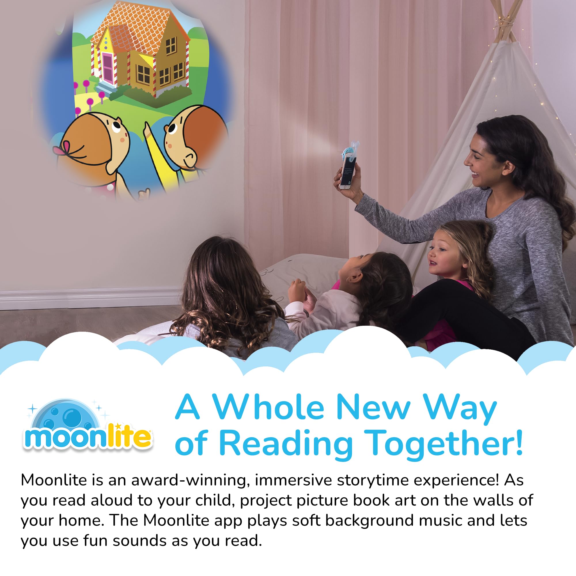 Moonlite wall projection at bedtime creates vivid, immersive scenes.
