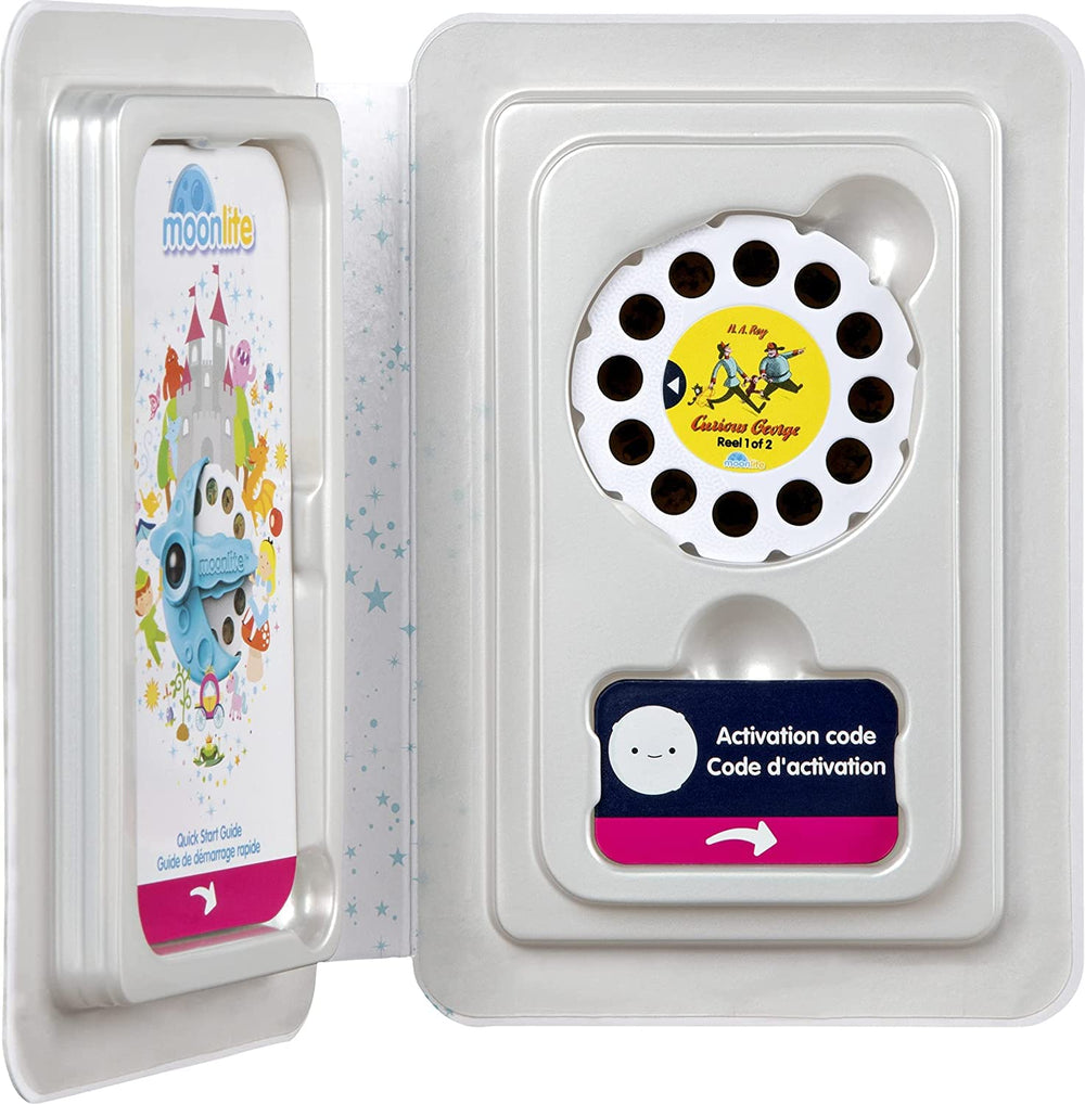 Moonlite Storytime wall projection shows Curious George for cozy bedtime reading.
