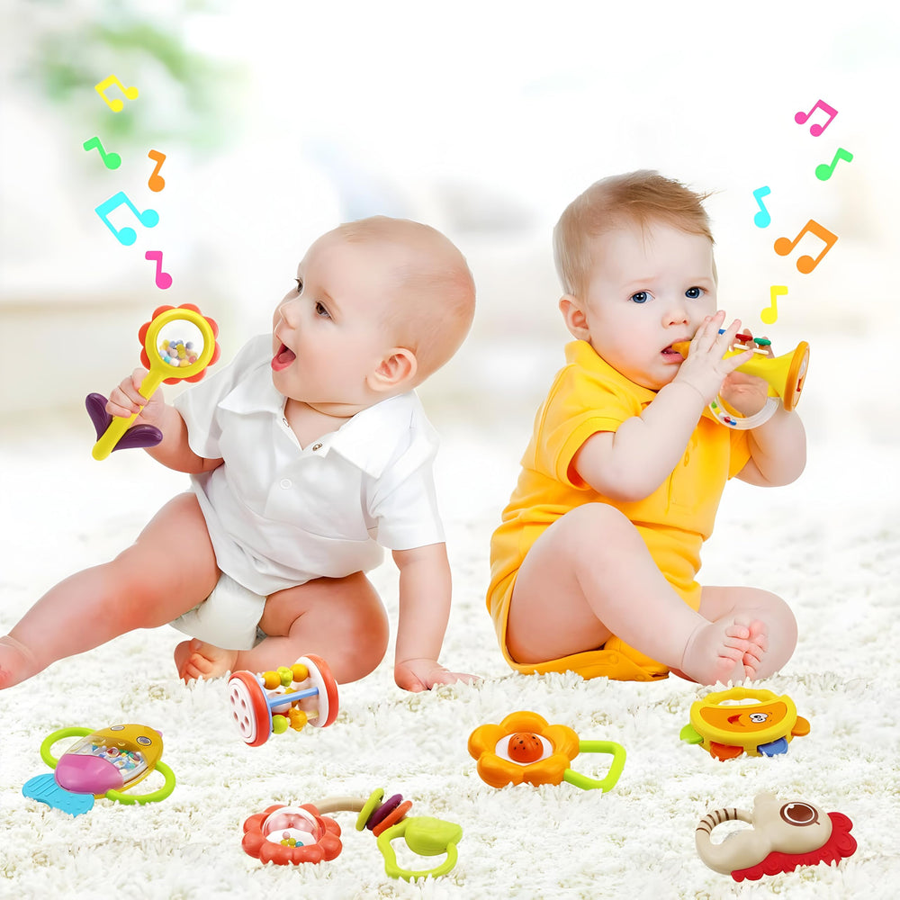 MOONTOY turtle rattle — safe chew toy with rotating parts for motor skills.