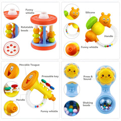 MOONTOY seahorse rattle — colorful teether encouraging chewing and visual tracking.