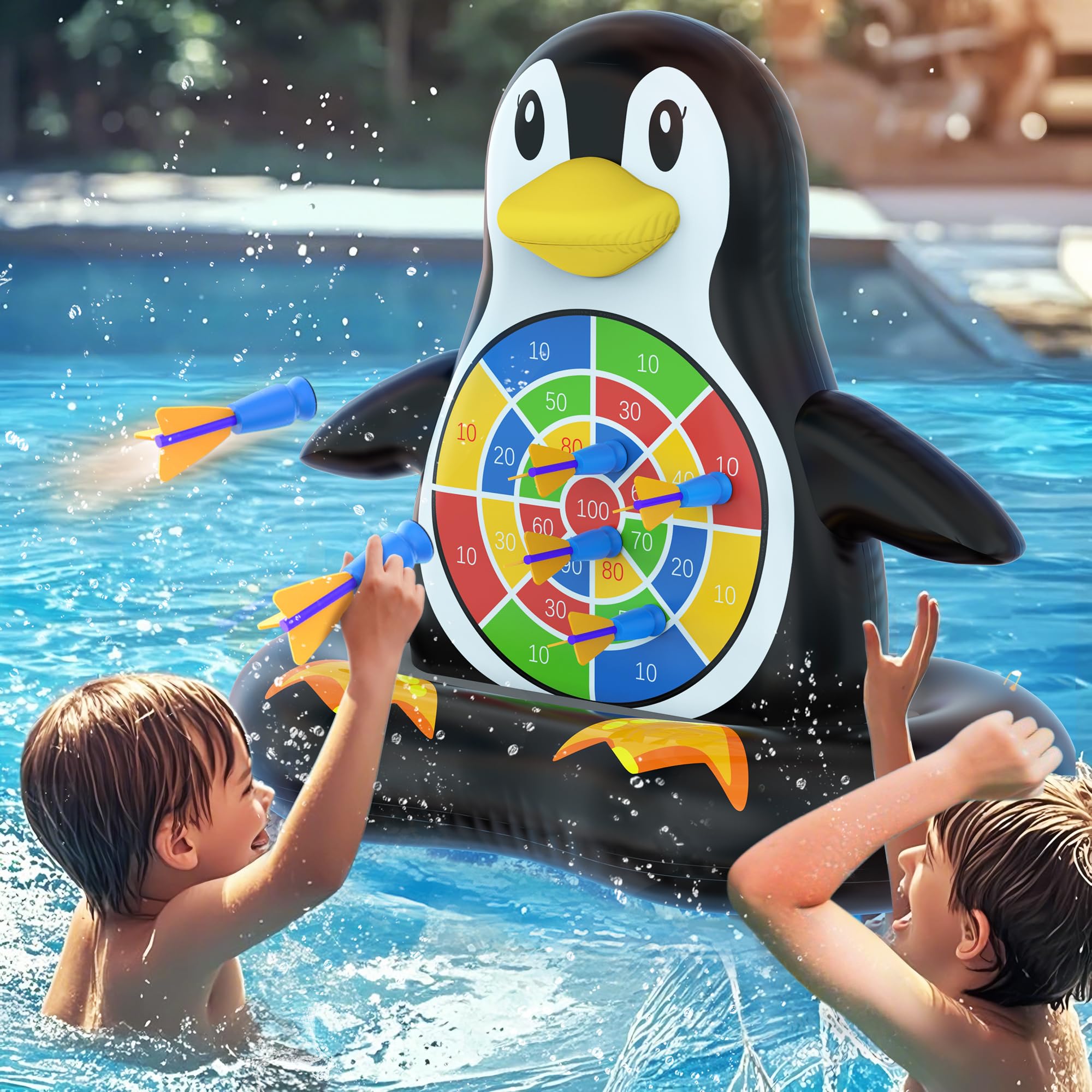 MOONTOY Penguin Dart Board pool float ready for splashy backyard fun and coordination practice