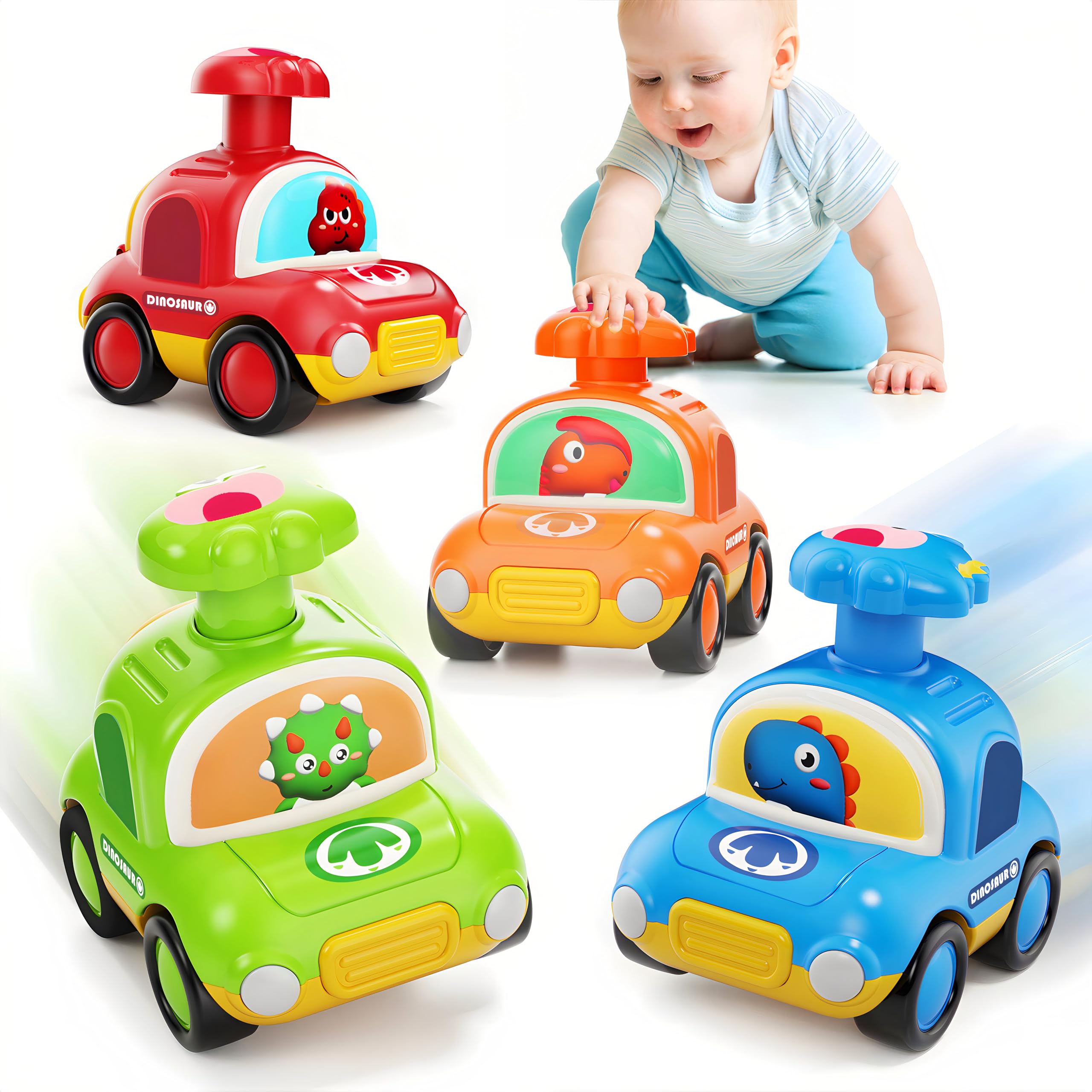 MOONTOY Press Go Dinosaur Car front view with bright colors that engage toddlers.