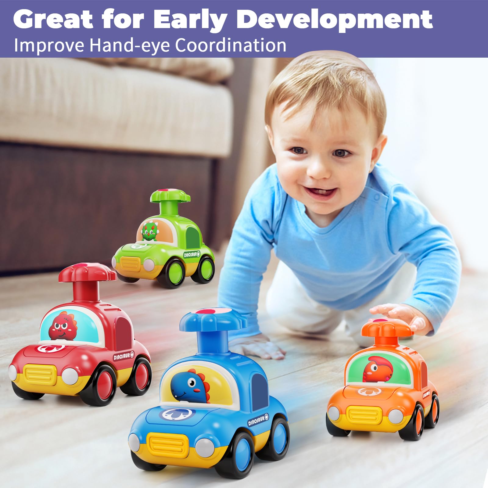 MOONTOY Press Go Dinosaur Car kid playing encourages active pretend play.