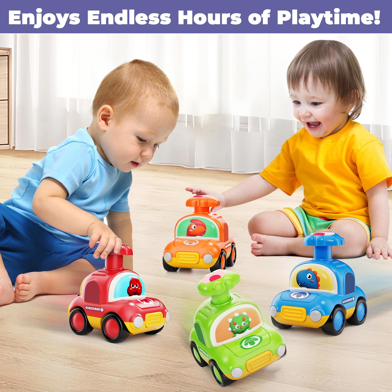 MOONTOY Press Go Dinosaur Car press-action demonstrates easy, battery-free play.