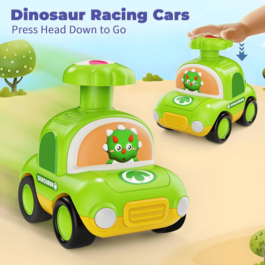 MOONTOY Press Go Dinosaur Car side view shows compact size for travel play.