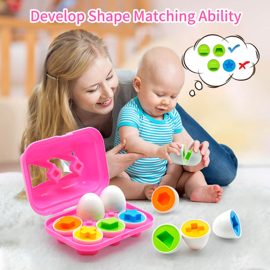 MOONTOY Toddler Eggs – color sorting and shape matching build fine motor skills and beginner problem solving.