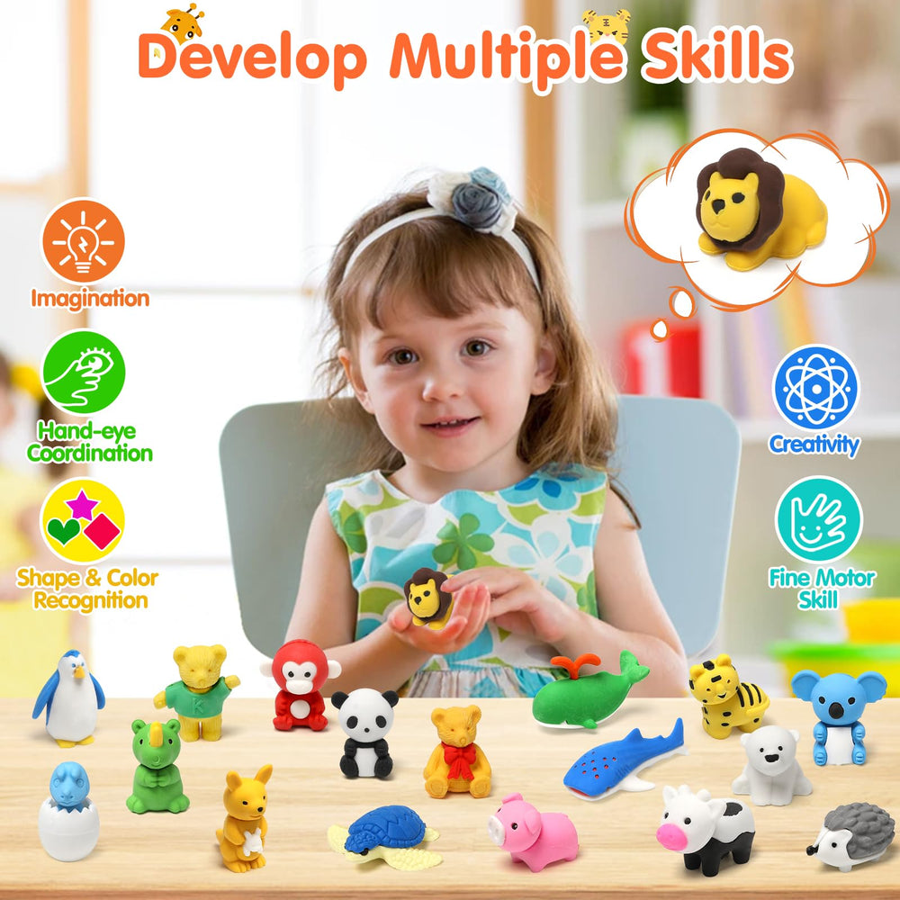 Moosia multicolor animal-fruit-vegetable erasers help kids enjoy creative learning.