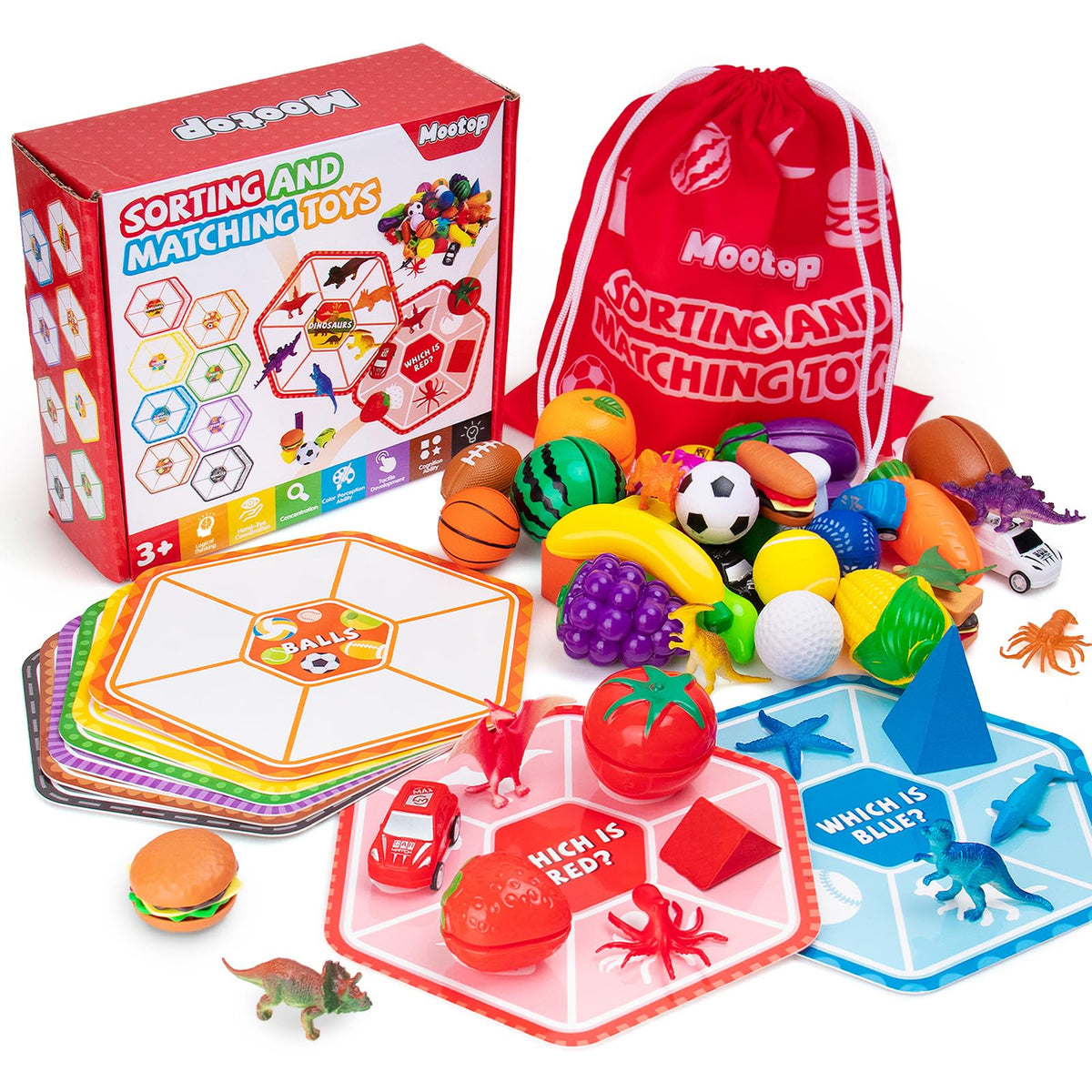 Mootop Sorting Toys with dinosaurs for color matching and motor skills.
