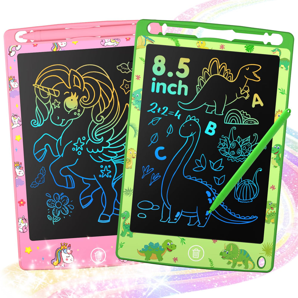 MOOWALIS 2-pack LCD writing tablets with unicorn and dinosaur designs for creative on-the-go play.
