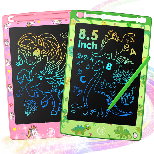 MOOWALIS 2-pack LCD writing tablets with unicorn and dinosaur designs for creative on-the-go play.