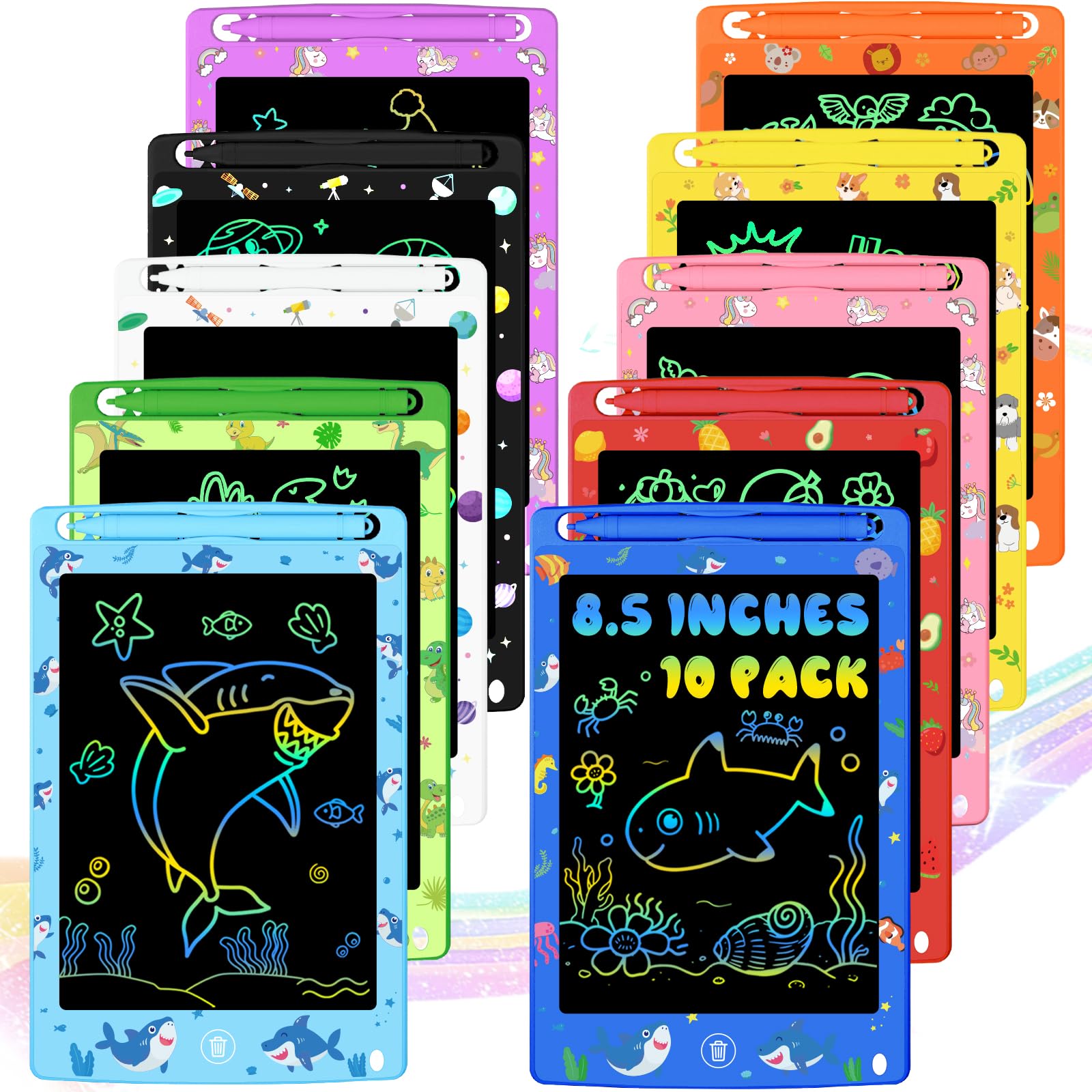 MOOWALIS Party Favor 10-Pack LCD writing tablets with themed boards for shared play.