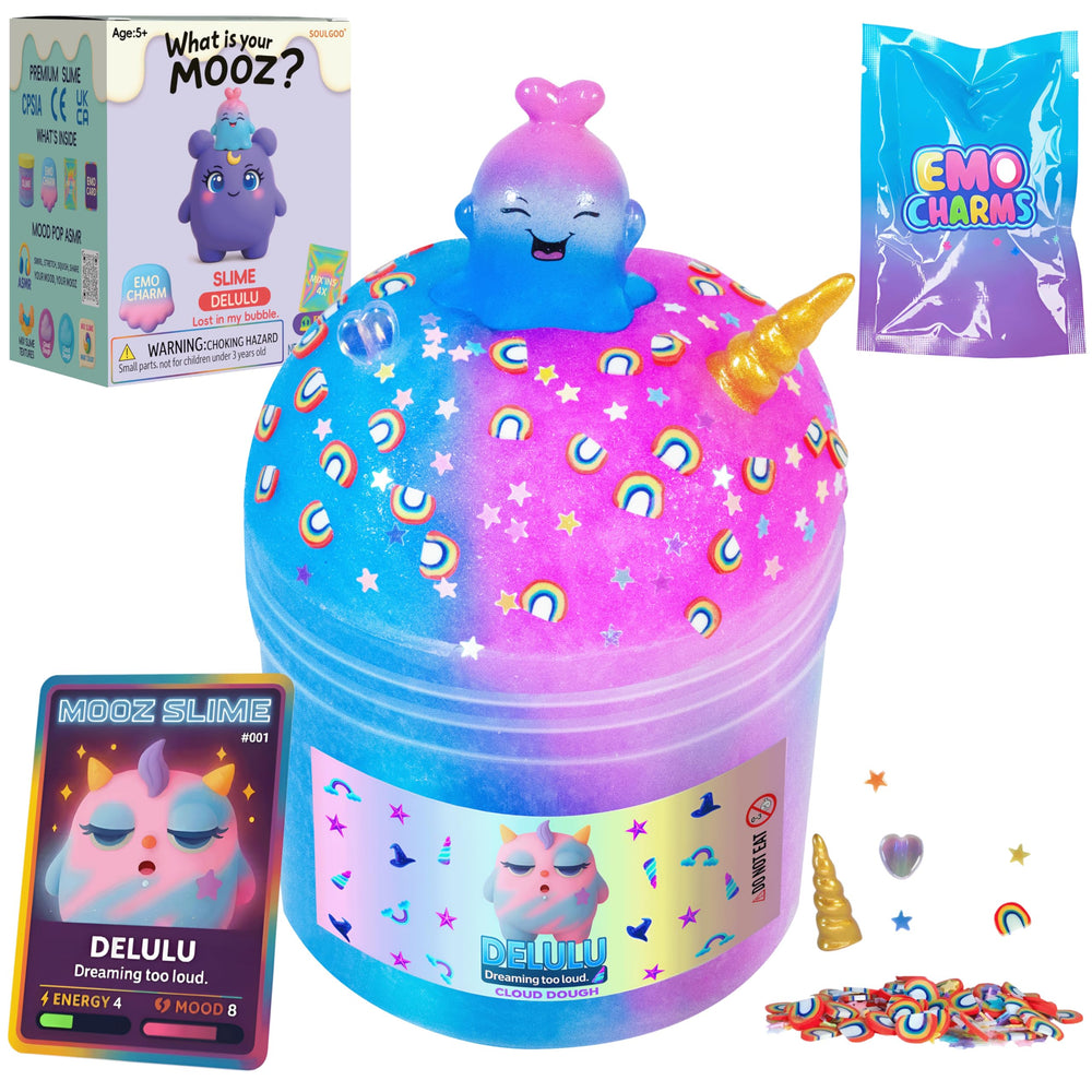 MOOZ Unicorn Cloud Slime Kit in blue and pink with a non-sticky texture for easy cleanup