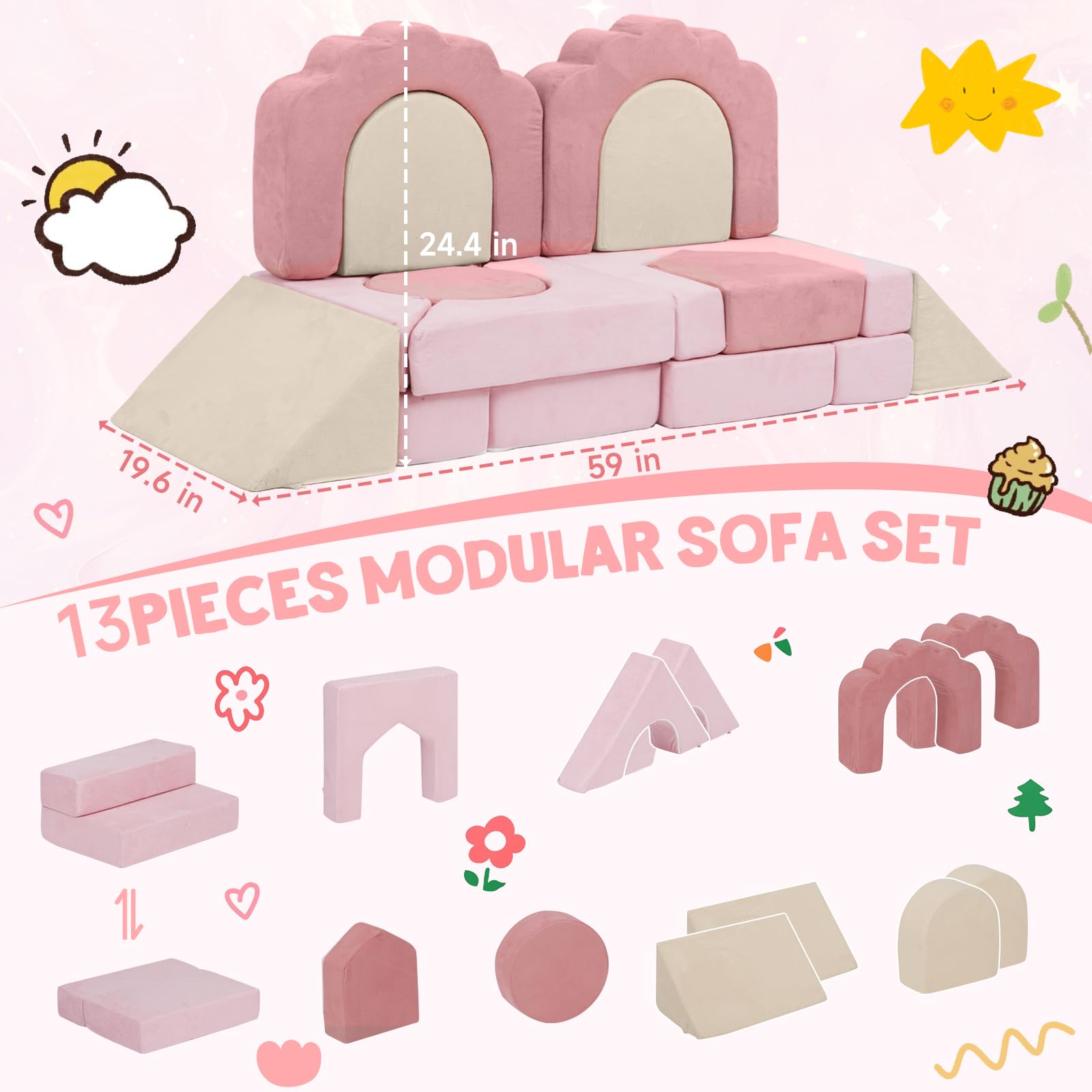 MOOZHEALTH foam climbing blocks pink house module encourages open-ended exploration and pretend play