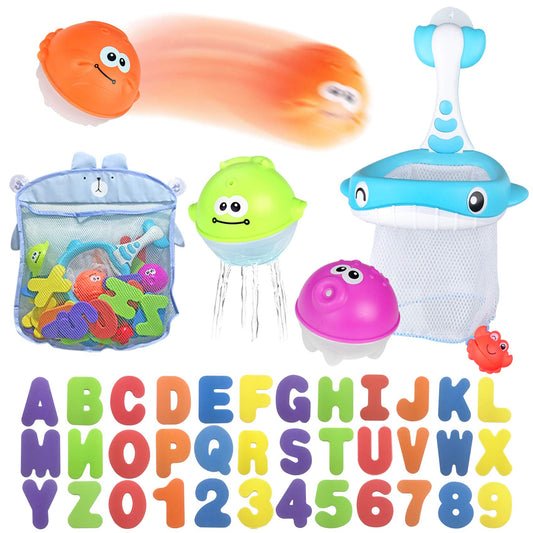 MoraBaby Bath Letters and Numbers foam set floats in tub, supporting colorful learning during bath time