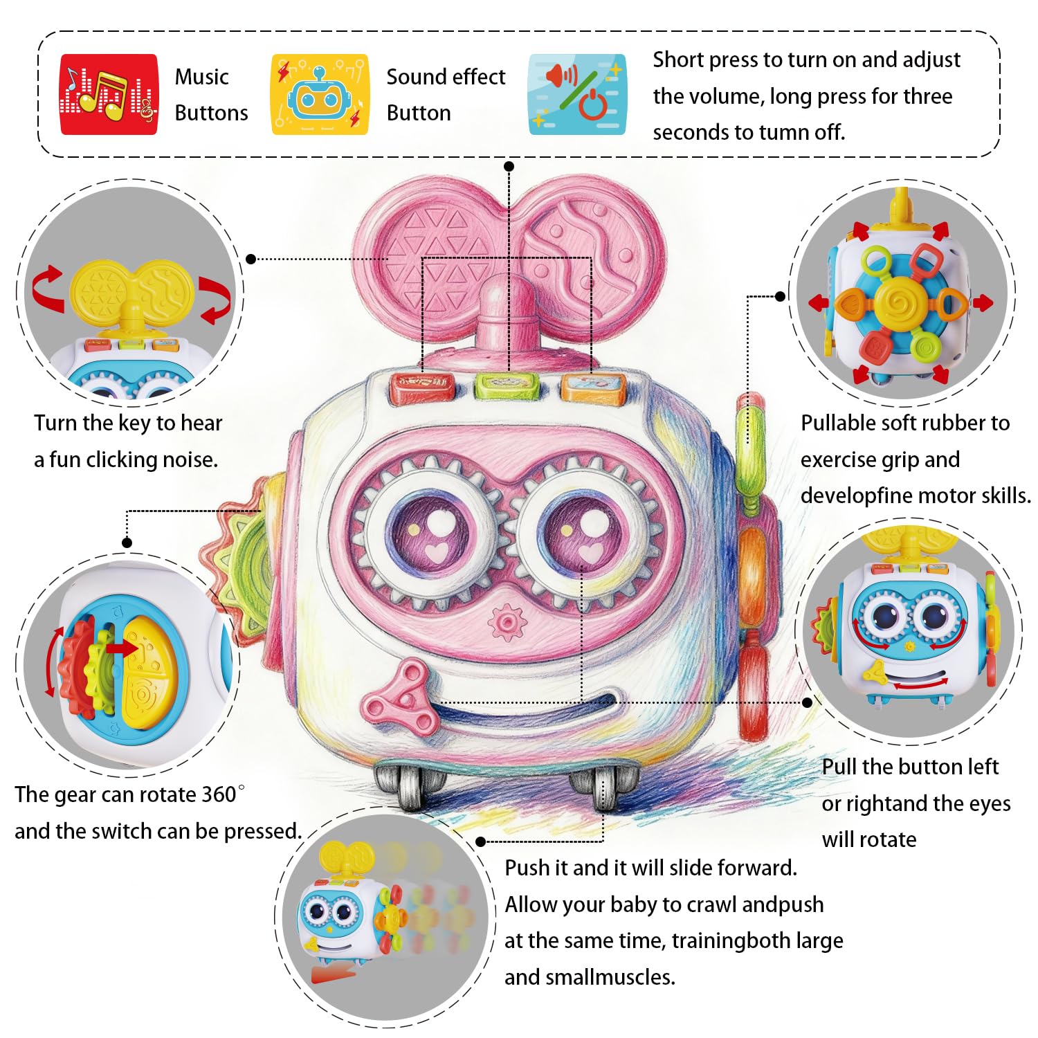 MoraBaby Busy Cube rolling wheels support tummy time and early mobility practice.