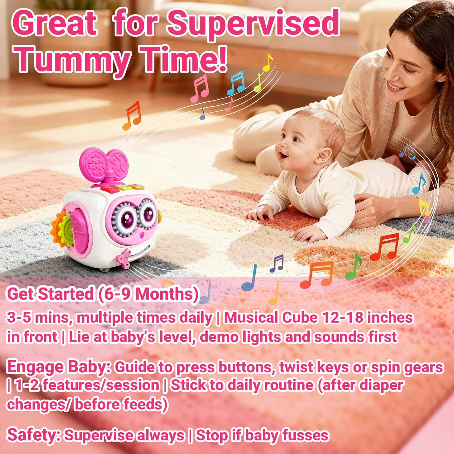 MoraBaby Busy Cube sliding modules engage toddler problem-solving and hand-eye coordination.
