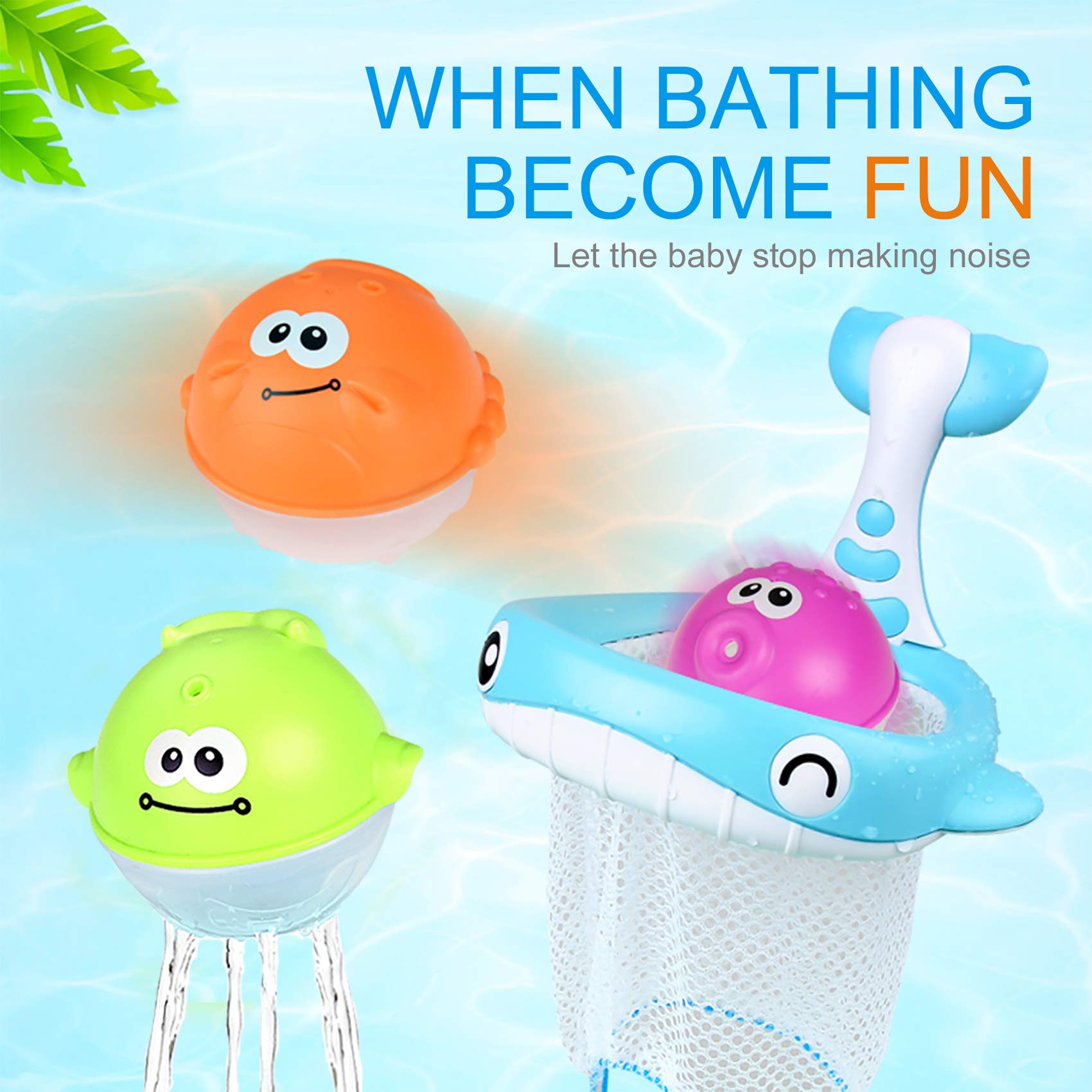 MoraBaby floating animal squirts in water with fishing net, perfect for interactive bath games