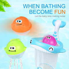 MoraBaby floating animal squirts in water with fishing net, perfect for interactive bath games