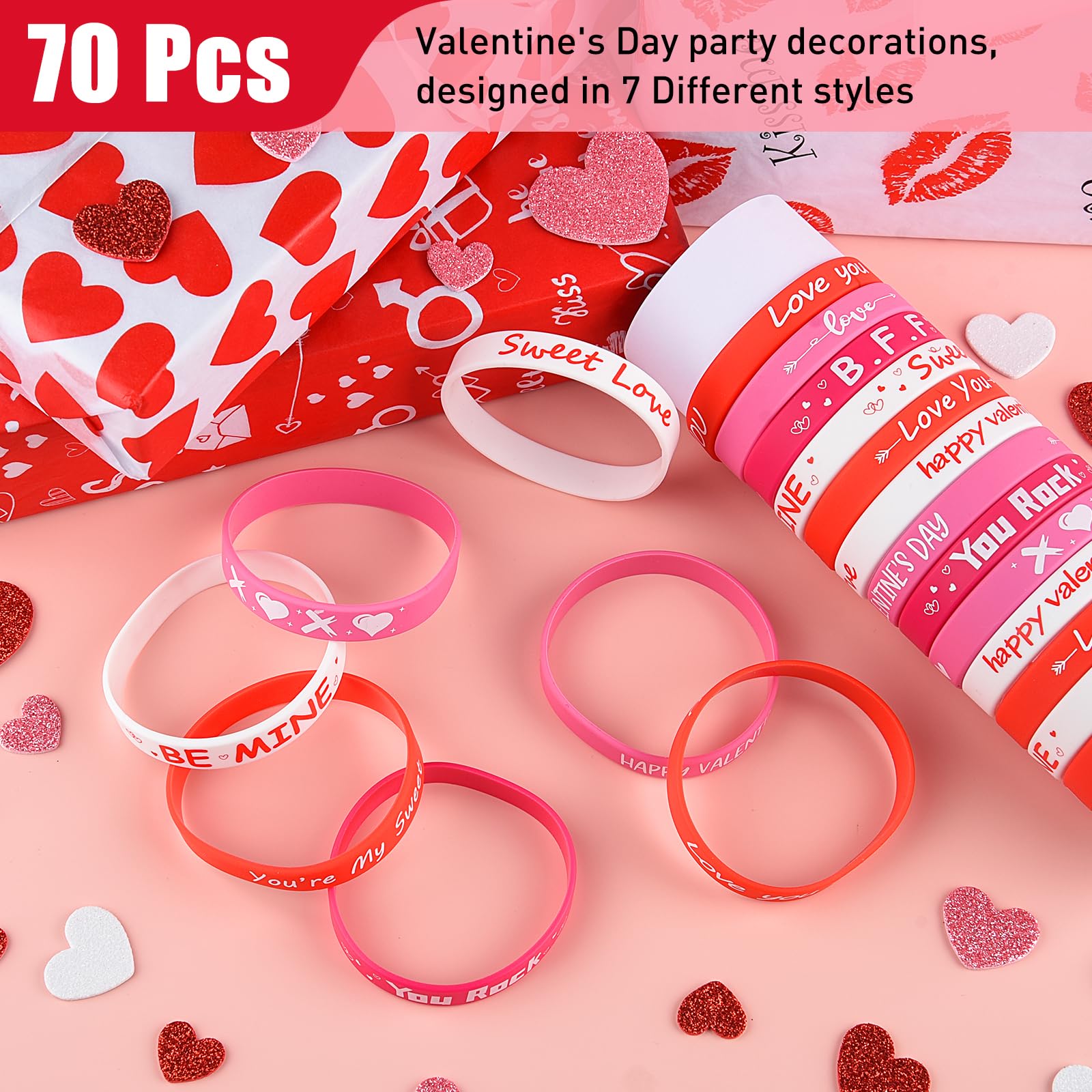 Morcheiong Valentine silicone bracelets pink-red design set, durable and flexible for daily wear