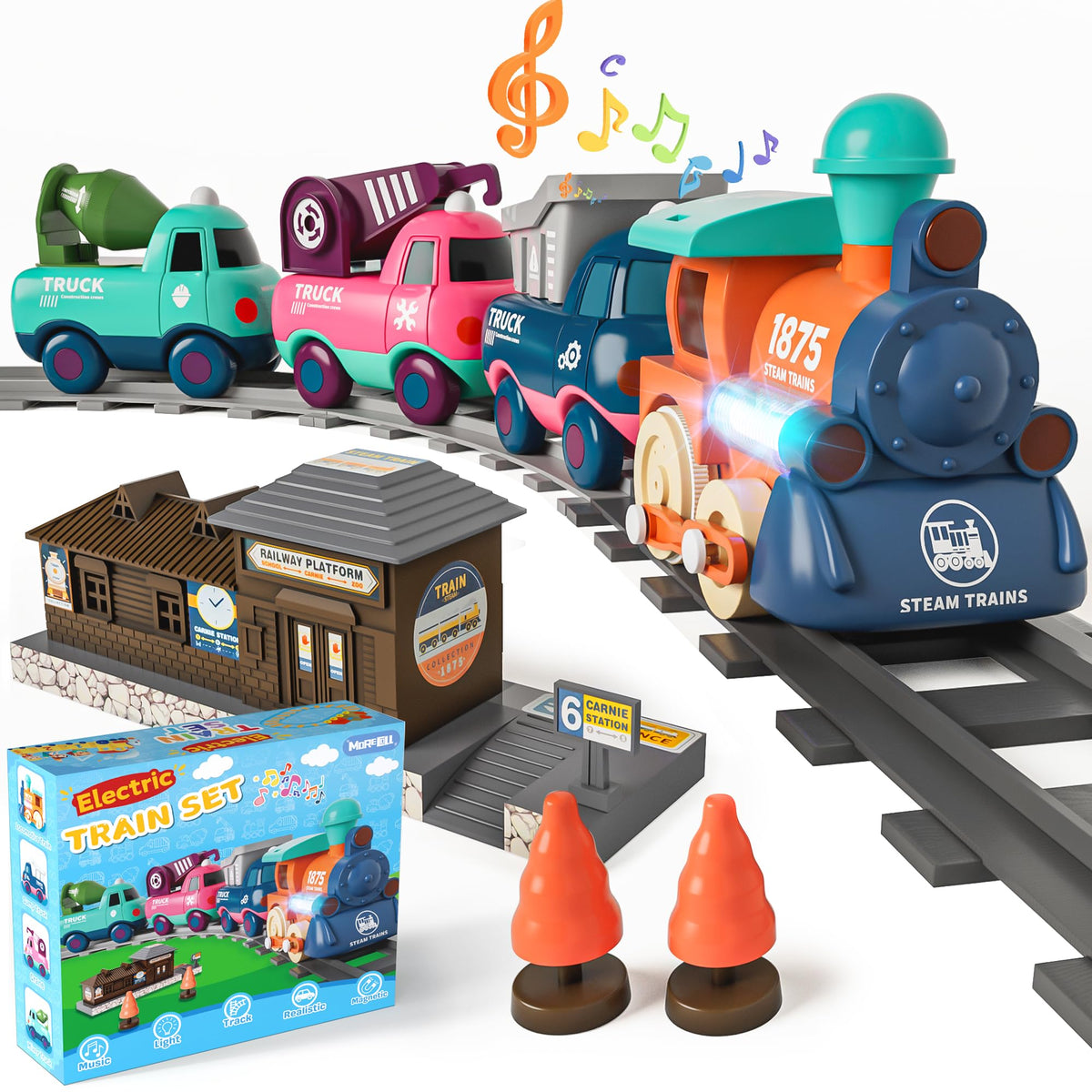 MORECOLL Electric Train Set locomotive in action with moving parts for imaginative play