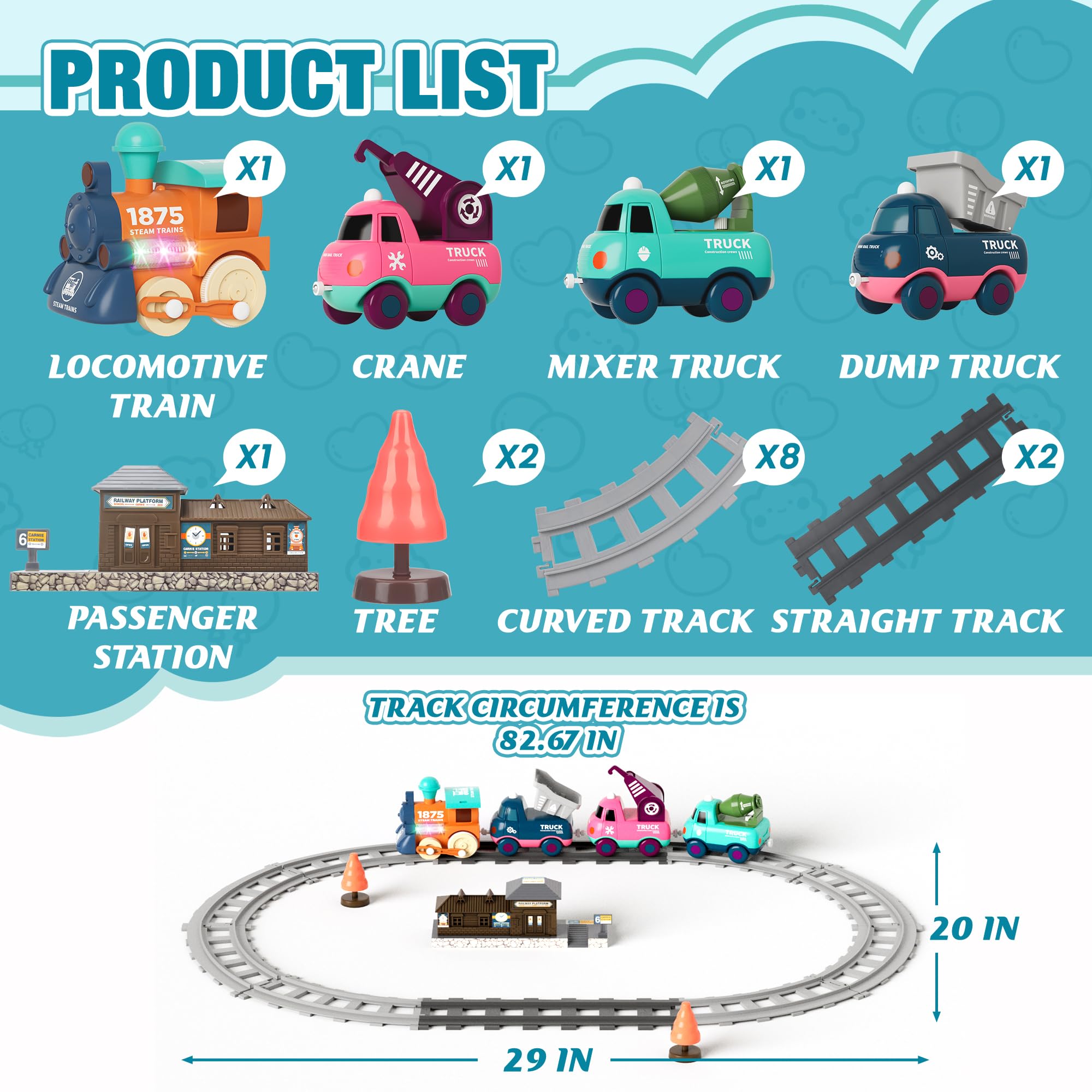 MORECOLL Electric Train Set tracks show curved and straight pieces for versatile builds