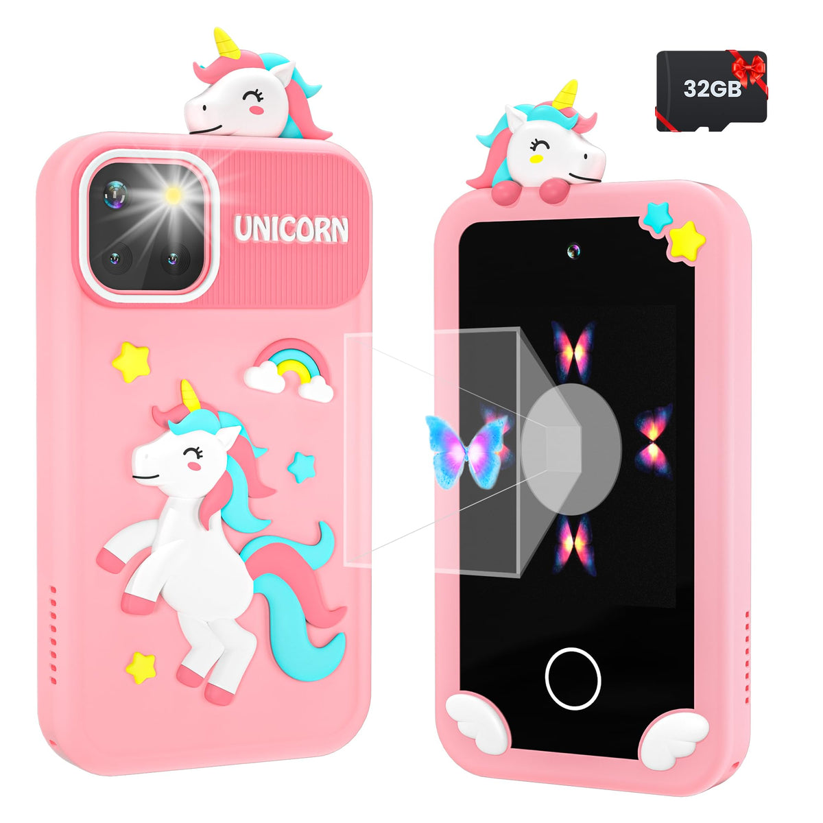 Moreximi kids smart phone pink front view highlights kid-friendly design and learning features.