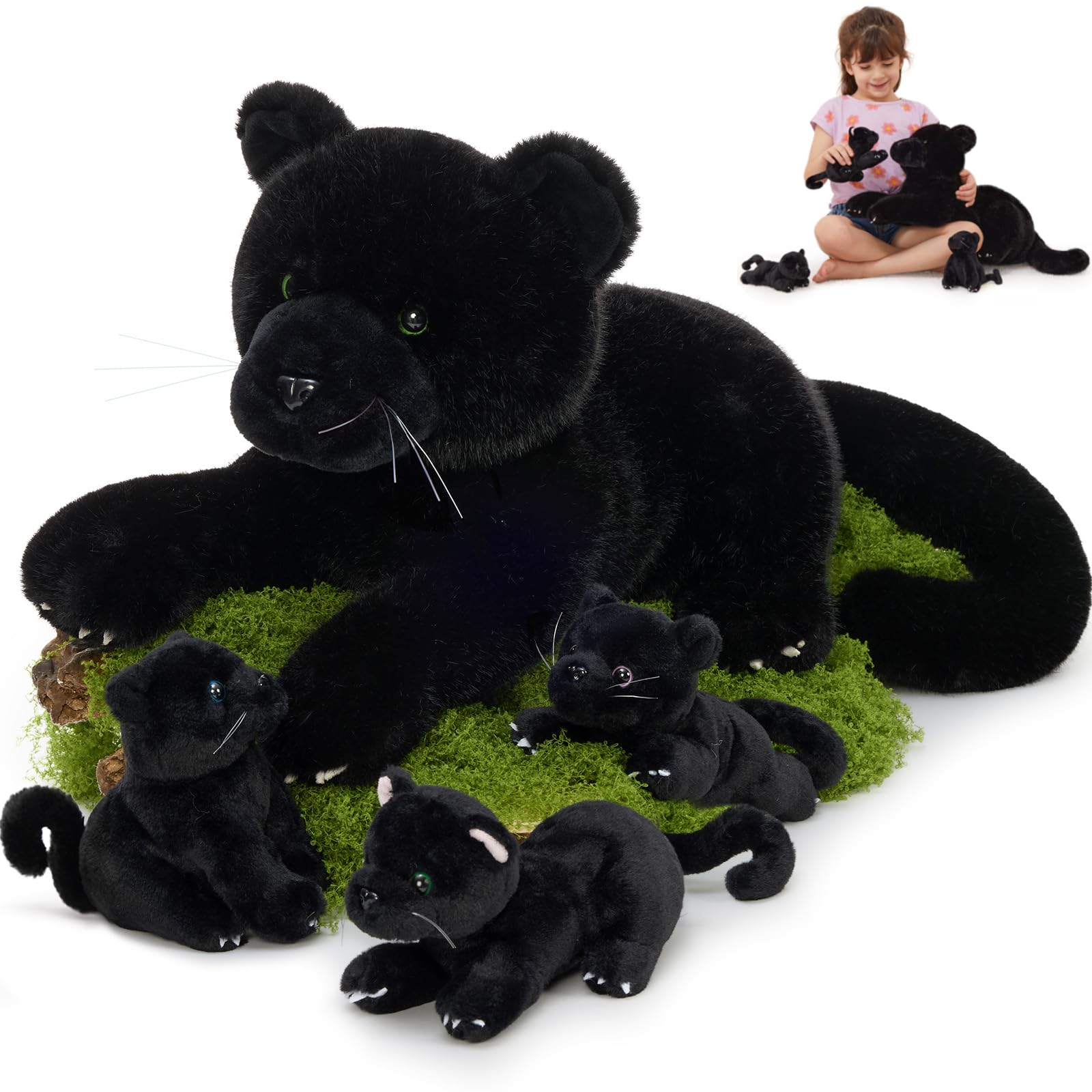 MorisMos black panther mama 18-inch plush with cubs for imaginative play