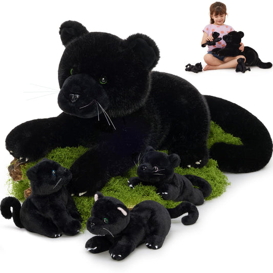 MorisMos black panther mama 18-inch plush with cubs for imaginative play