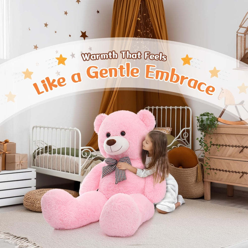 MorisMos pink giant teddy bear used for long-distance hugs and smiles.