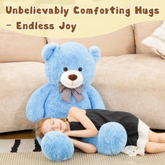 MorisMos 47inch blue teddy in living room evokes cozy companionship and long-lasting smiles.