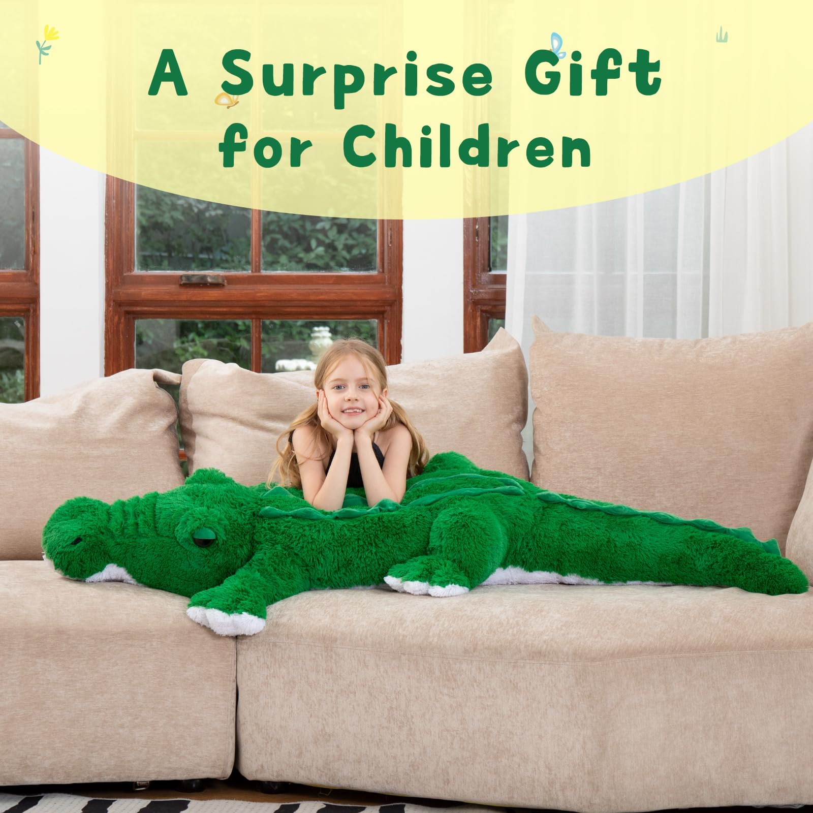 MorisMos giant alligator plush features realistic eyes that spark imaginative adventures.