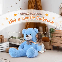 MorisMos giant blue teddy bear in bedroom scene showcases comforting presence for kids.