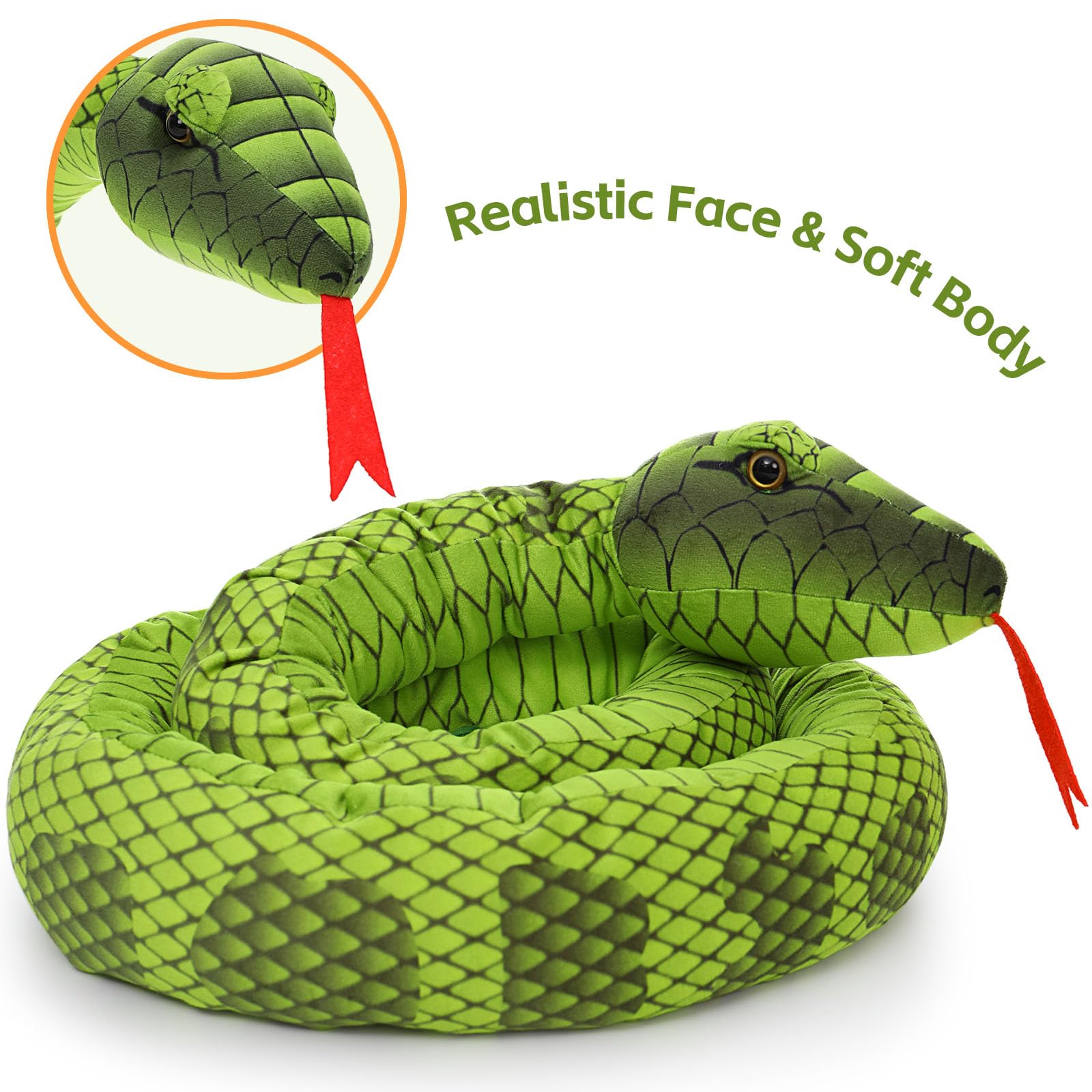 MorisMos 80in green snake plush with babies offers soft, huggable companionship.